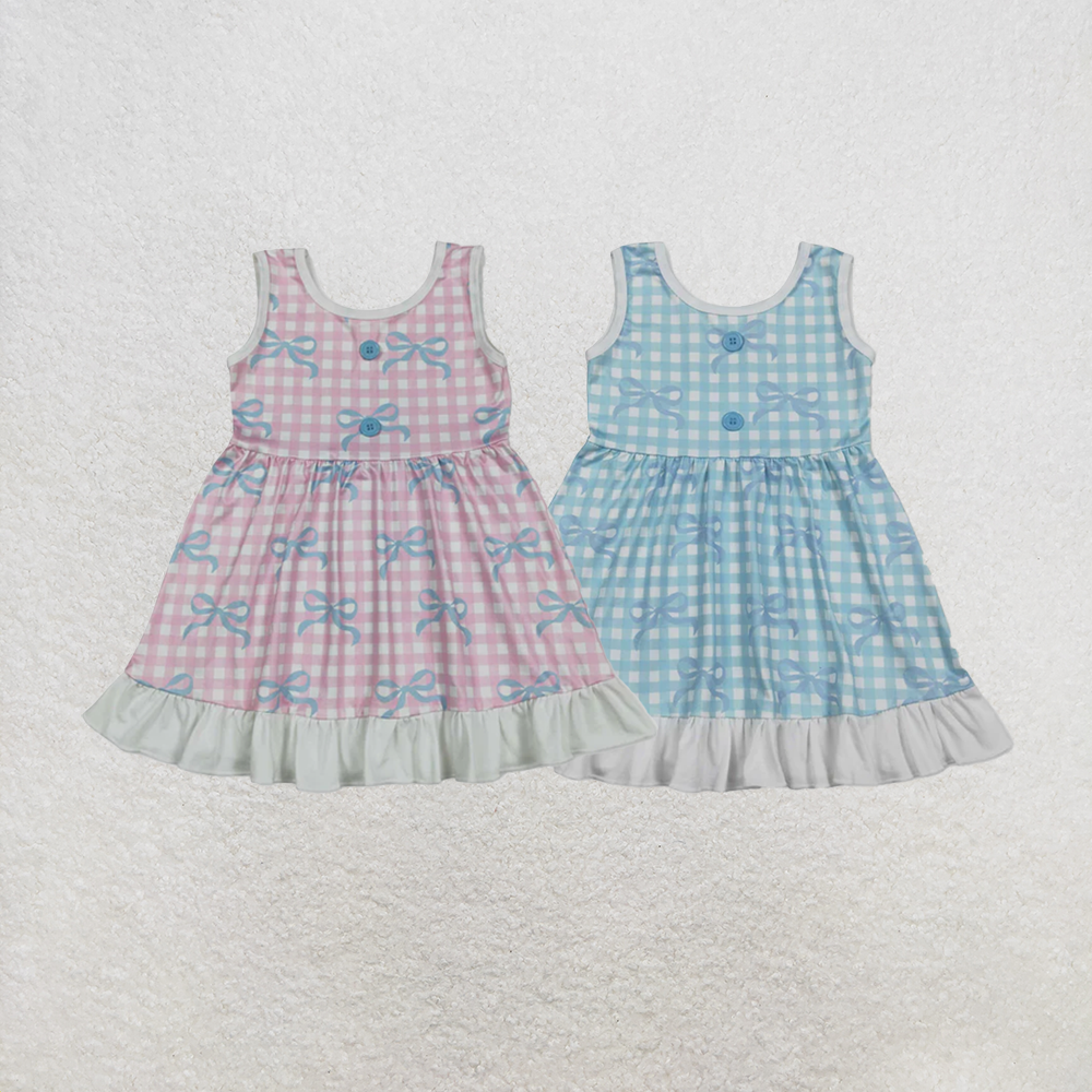 RTS NO MOQ Sibling Baby Girls Blue Checked Bows Sleeveless Ruffle Knee Length Dresses