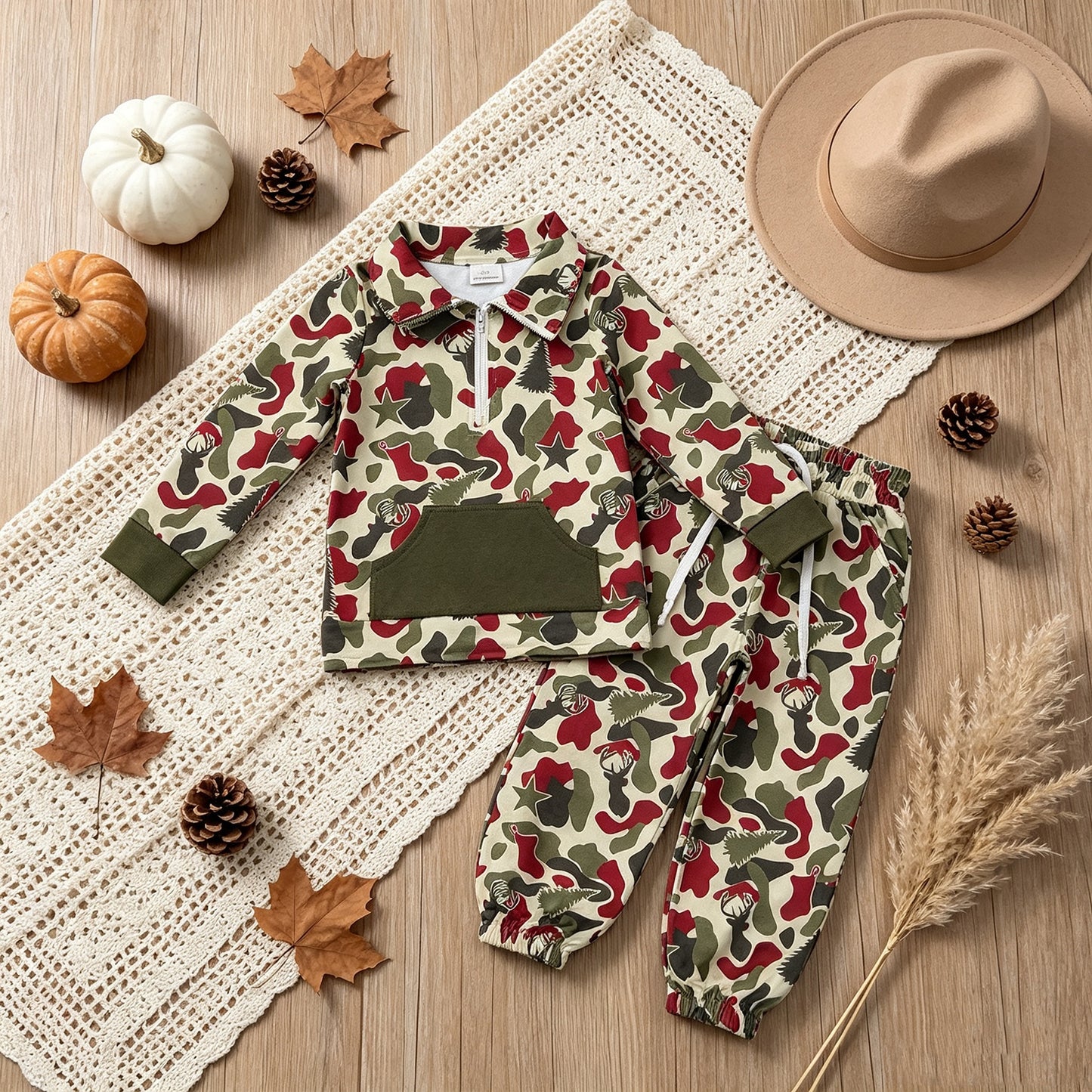 RTS No moq milk silk BLP1486 Baby Boys Red Green Camo Deer Trees Zip Pocket Pullovers Jogger Christmas Clothes Sets