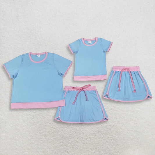 RTS NO MOQ Sibling  Mom And Me Blue Cotton Short Sleeve Top Skirt Shorts Set