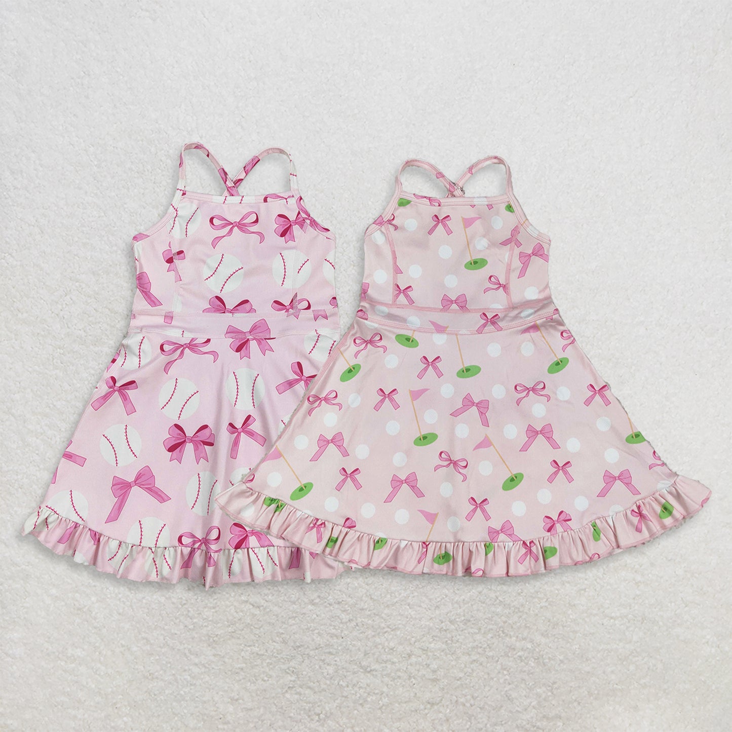 RTS NO MOQ Sibling Summer Baseball Strap Pink Bows Knee Length Yoga Casual Dress