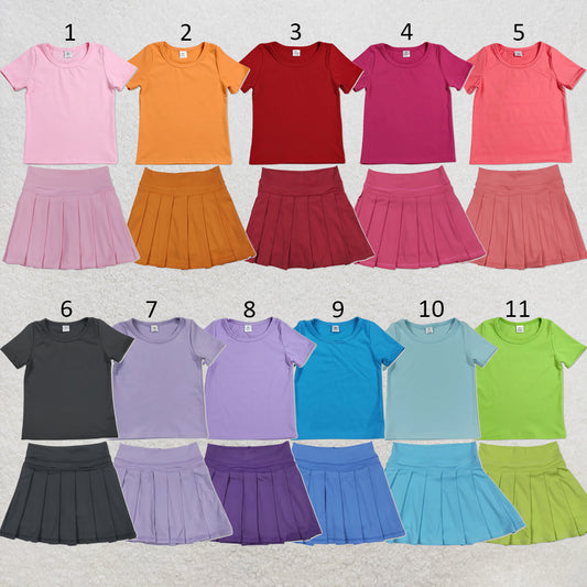 RTS NO MOQ Sibling yoga fabric Baby Girls Solid Color Short Sleeve Yoga T Shirt Top Yoga Active Wear Skirts Set