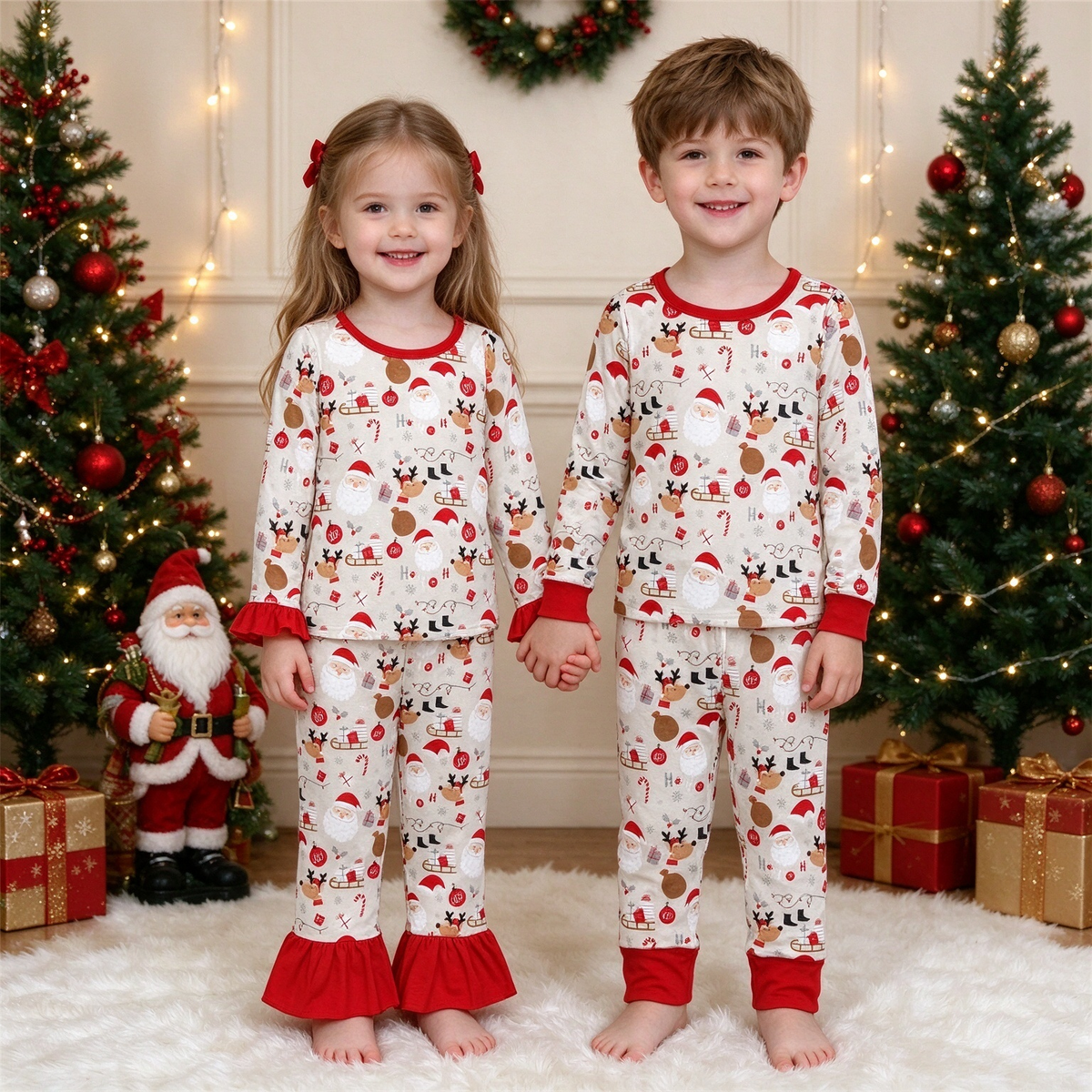 Baby Kids Christmas Santa Reindeer Collection - Grey Ruffle PJ Set & Ribbed PJ Set