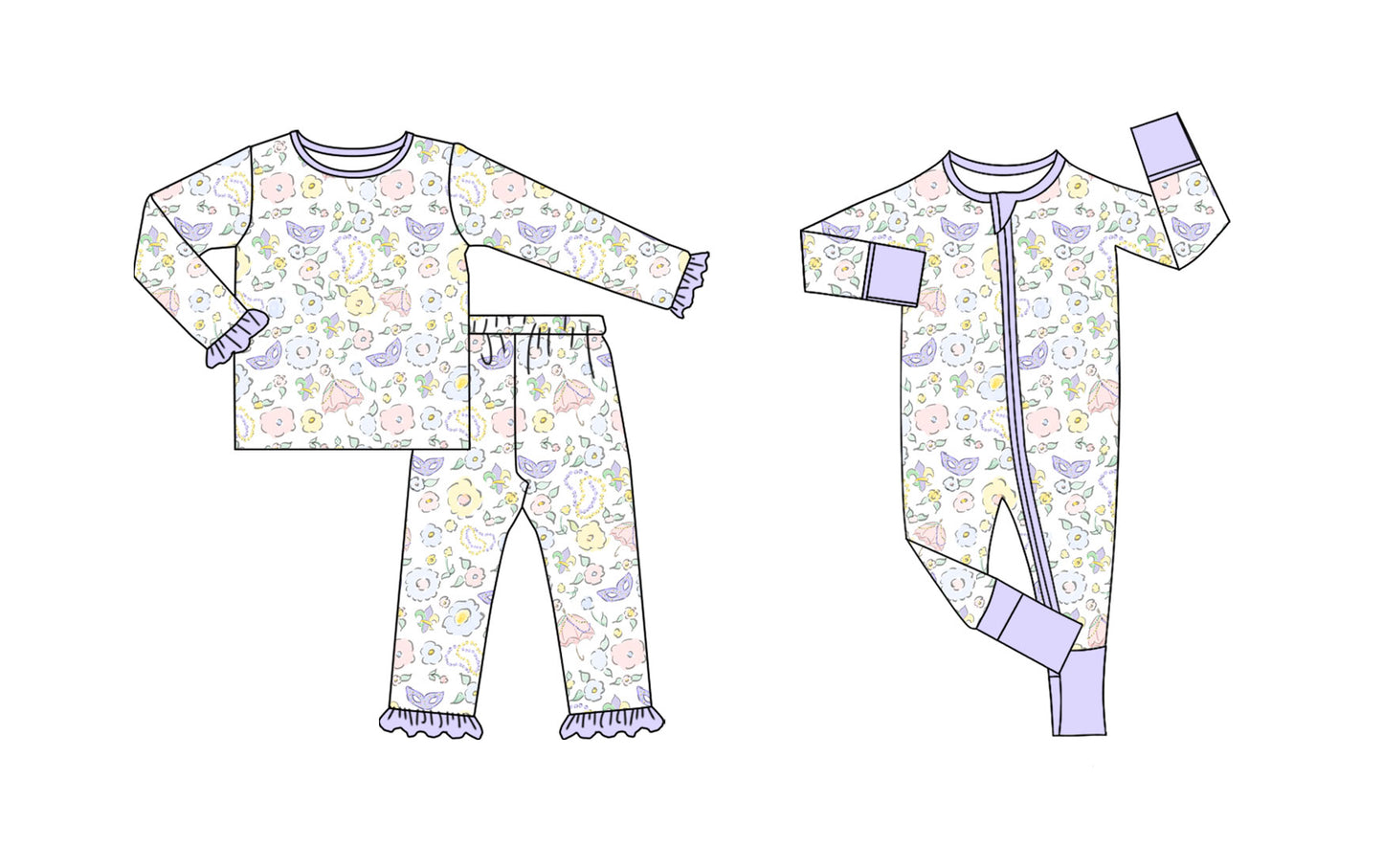 25.10.14 custom each style moq 5 eta 6-8week Sibling Sisters mardi gras floral baby girl clothes long sleeve pants sets and romper match family design
