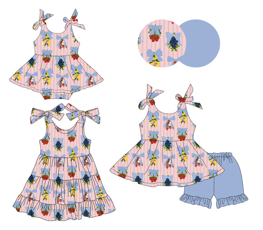 4.8 Custom moq 5 mix size Sibling Baby Girl's Stripe Bows Strap Tunic Shorts Set Cute Romper Dress for Summer