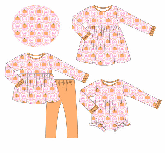 25.6.7 custom each style moq 5eta 4-6week Sibling Sisters pumpkin bow baby girl long sleeve pants sets and dress and rompers match family design