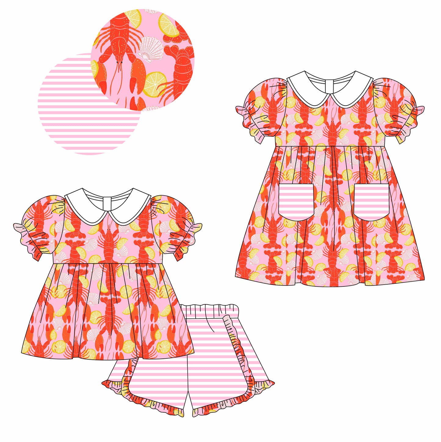 25.12.17 custom each style moq 5 eta 6-8week Sibling Sister lobster baby short sleeve shorts sets and dress match design