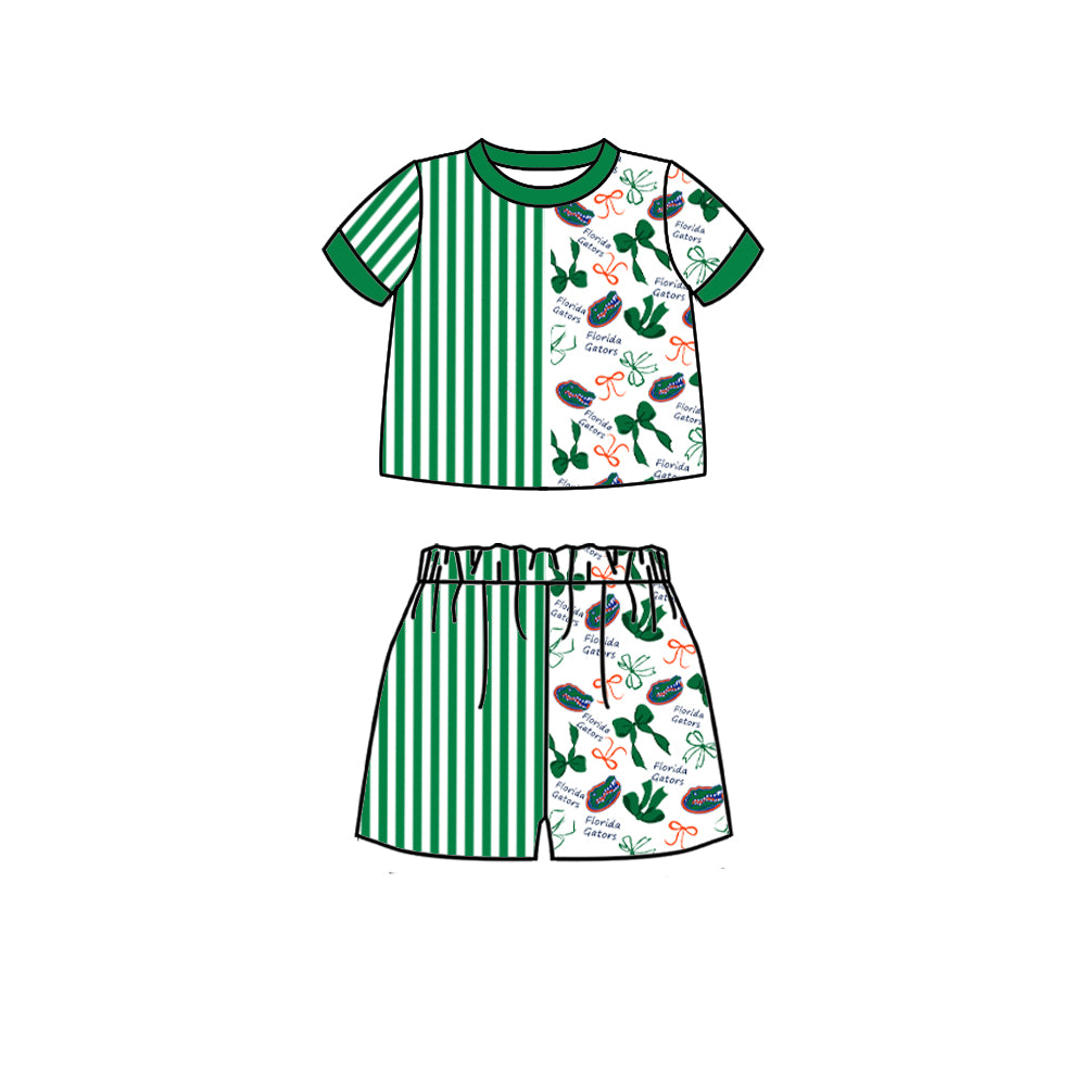 Custom moq 5 mix size milk silk summer teams Baby Green Striped Bow Print Short Sleeve Top And Shorts Set