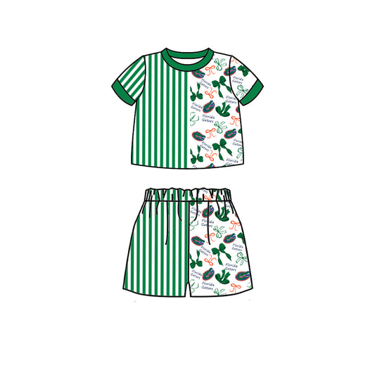 Custom moq 5 mix size milk silk summer teams Baby Green Striped Bow Print Short Sleeve Top And Shorts Set