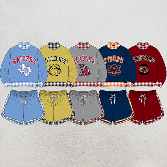 custom moq 5 mix size  XY072302 Baby Kids Letter Print Checked Long Sleeve Top Shorts Casual Team Outfit