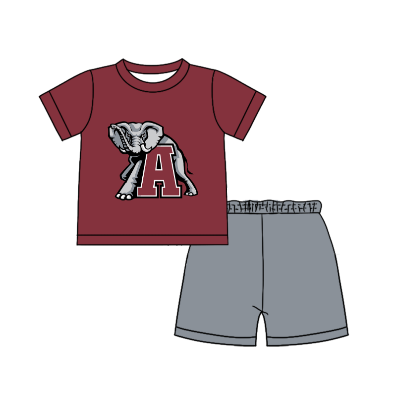 Custom moq 5 mix size milk silk summer teams Baby Boy's Dark red Short-Sleeved O-Neck Top And Gray Shorts Set