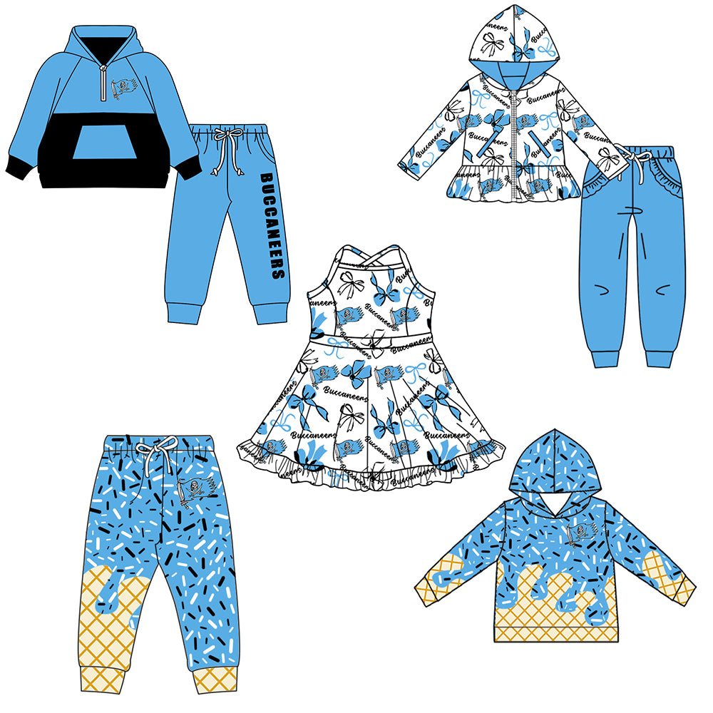 Custom moq 5 mix size milk silk summer teams baby girls clothes bow sky blue hooded long sleeve pants sets and boy sets and dress and hooded top and pant-25.8.18