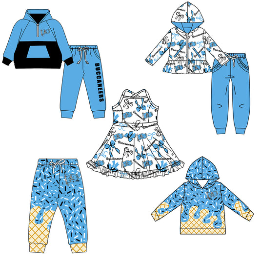 Custom moq 5 mix size milk silk summer teams baby girls clothes bow sky blue hooded long sleeve pants sets and boy sets and dress and hooded top and pant-25.8.18