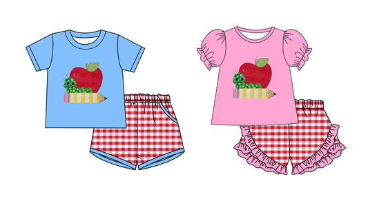 3.3 Custom moq 5 mix size Sibling Baby Boys' Blue Short-Sleeved Shirt And Red Plaid Shorts Set Baby Girls' Pink Short-Sleeved Shirt And Red Plaid Shorts Set Back-to-School Outfit