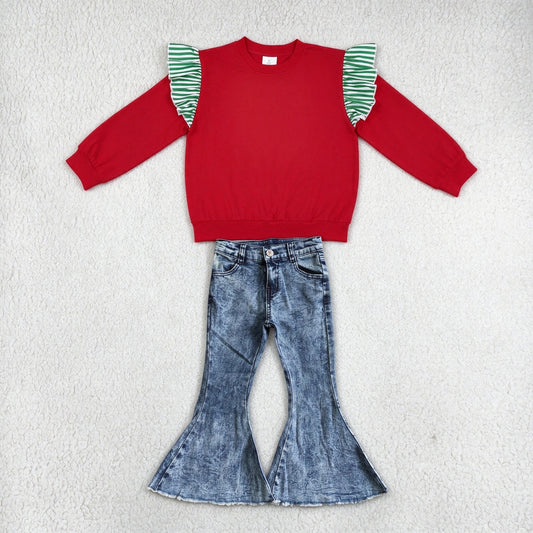 NEW RTS NO MOQ Denim GT1844+ P0008 Baby Girls Green White Striped Ruffle Shoulder Long Sleeve Red Top Bell Bottom Flare Jeans Outfit