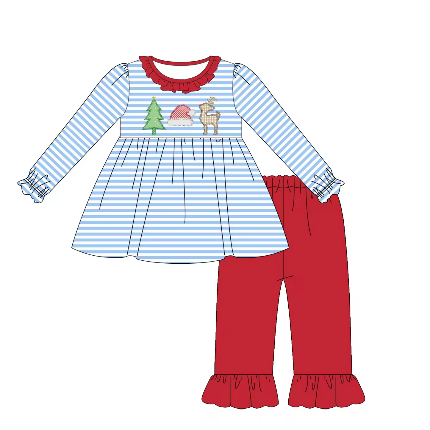 Custom moq 3 mix size eta 6-8 weeks Embroidered Christmas tree-hat-deer pattern blue stripes boy and girl mixed set