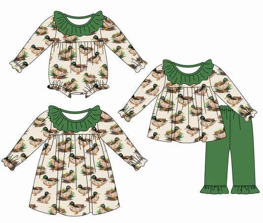 25.5.17 custom each style moq 5eta 4-6week Sibling Sisters duck baby girl long sleeve pants sets and dress and rompers match family design