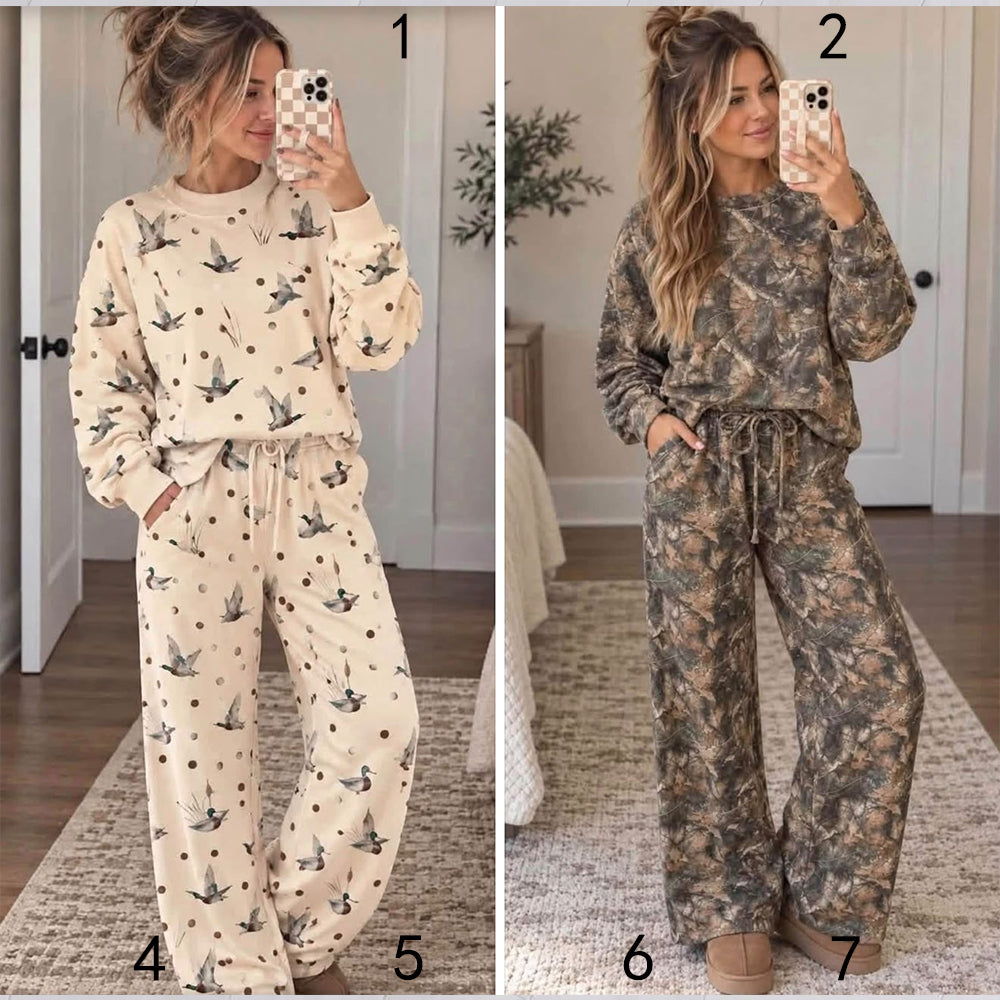 custom moq 5 mix size YEBS0102 Baby Kids Duck Print Long Sleeve Top Drawstring Wide Leg Pant Set