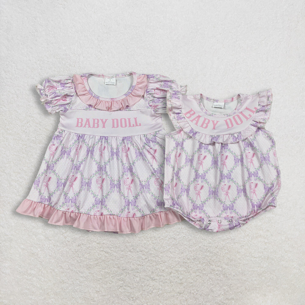 RTS NO MOQ Sibling Baby girl cothes Doll Floral Bow Pattern Plaid Short-Sleeve rompers