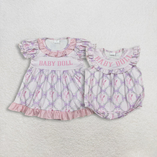 RTS NO MOQ Sibling Baby girl cothes Doll Floral Bow Pattern Plaid Short-Sleeve rompers