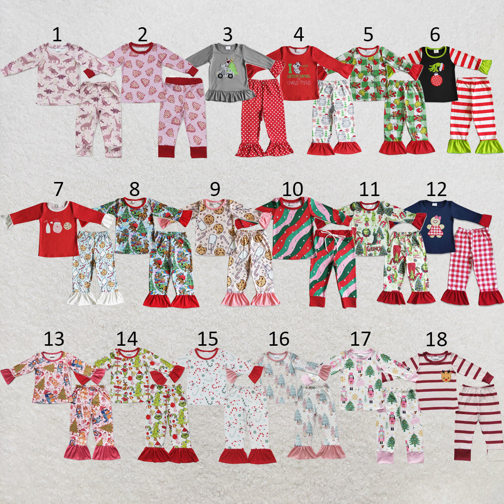 RTS NO MOQ Sibling milk silk Baby Girls Christmas Santa Milk Long Sleeve Top Pants Pajamas Set