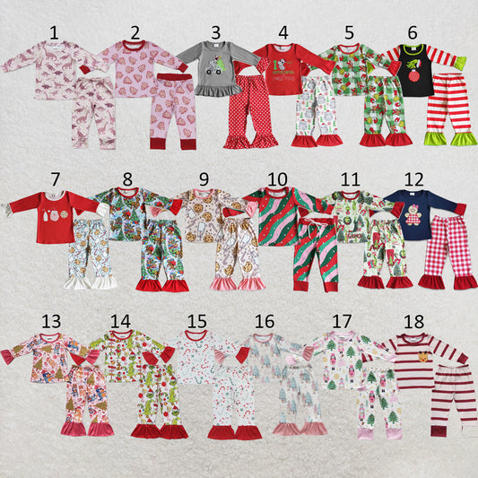 RTS NO MOQ Sibling milk silk Baby Girls Christmas Santa Milk Long Sleeve Top Pants Pajamas Set