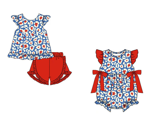 (Pre Order) No moq Blue Top Red Shorts And Blue Romper with Red Bow Girls Outfit Toddler Kids Clothing Set