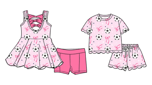 4.2 Custom moq 5 mix size Sibling Baby Girls Pink Sleeveless Back Bows Scallop Tunic Shorts Matching Short-Sleeved Shorts Scallop Set