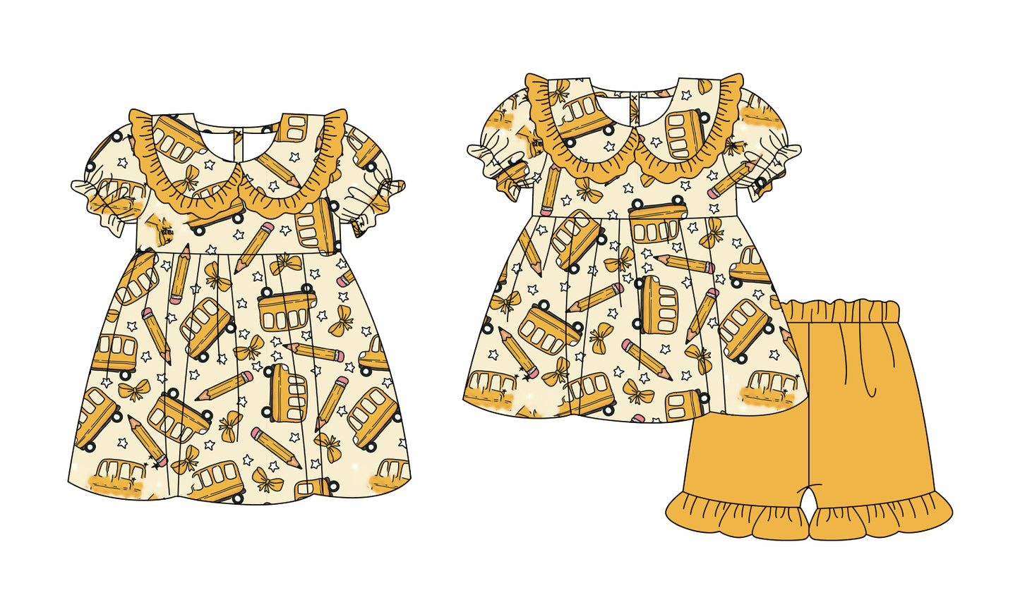 3.2 Custom moq 5 mix size Sibling Baby Girl's Yellow Back To School Short-Sleeved Top And Shorts Set Cute Dress for Summer