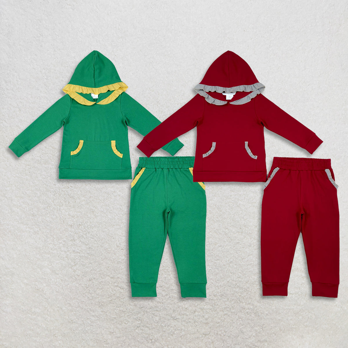 RTS NO MOQ Sibling cotton Baby Girls Solid Color Christmas Ruffle Trim Hoodie Pocket Jogger Pants Outfit Set