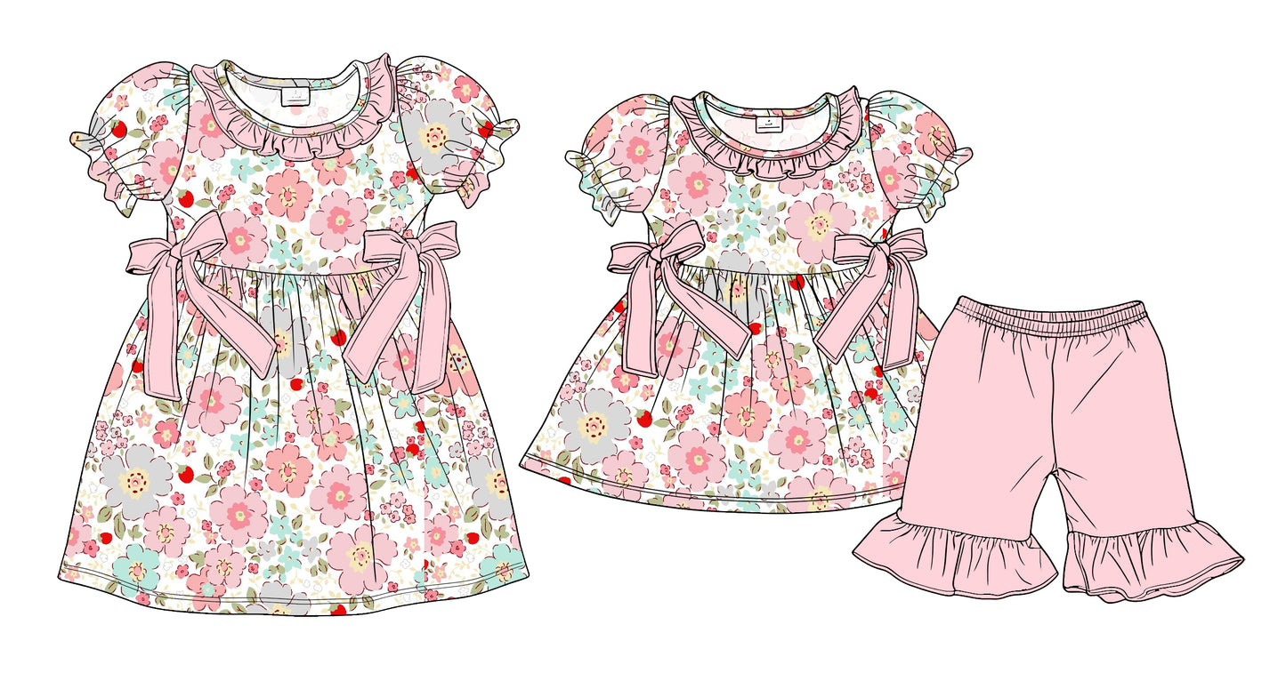 3.24  Custom moq 5 mix size Sibling Baby Girl's Pink Floral Short-Sleeved Top with Bow And Short Set Cute Short-Sleeved Dress for Summer