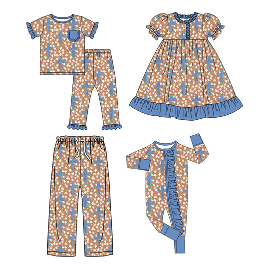 25.9.17 custom each style moq 8 eta 6-8week Sibling Sister easter floral baby short sleeve pants sets and romper and dress and adult pants match design