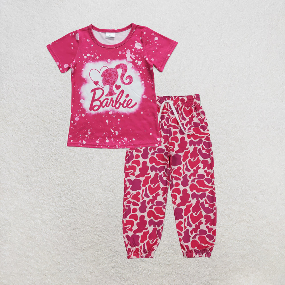 RTS NO MOQ milk silk GT0293+P0696 Baby Girls Pink Doll Short Sleeve Tee Shirt Tops Camo Pockets Jogger Pant Set