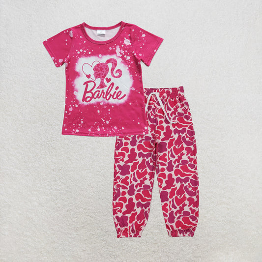 RTS NO MOQ milk silk GT0293+P0696 Baby Girls Pink Doll Short Sleeve Tee Shirt Tops Camo Pockets Jogger Pant Set