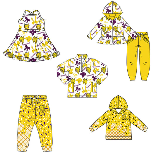 Custom moq 5 mix size milk silk summer teams baby girls clothes bow yellow hooded long sleeve pants sets and dress and top and hooded top and pant-25.8.13
