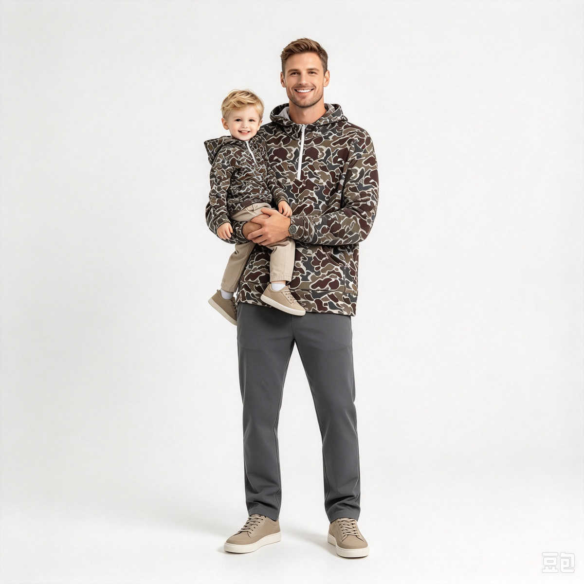 RTS NO MOQ Sibling milk silk Adult To Match Kids Brown Duck Camo Half Zip Hoodie Long Sleeve Pullover With Front Pocket