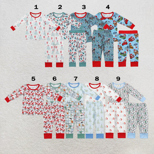 RTS NO MOQ Sibling milk silk Baby Boys Bamboo Fabric Checkered Christmas Shelf Print Pajama Sets