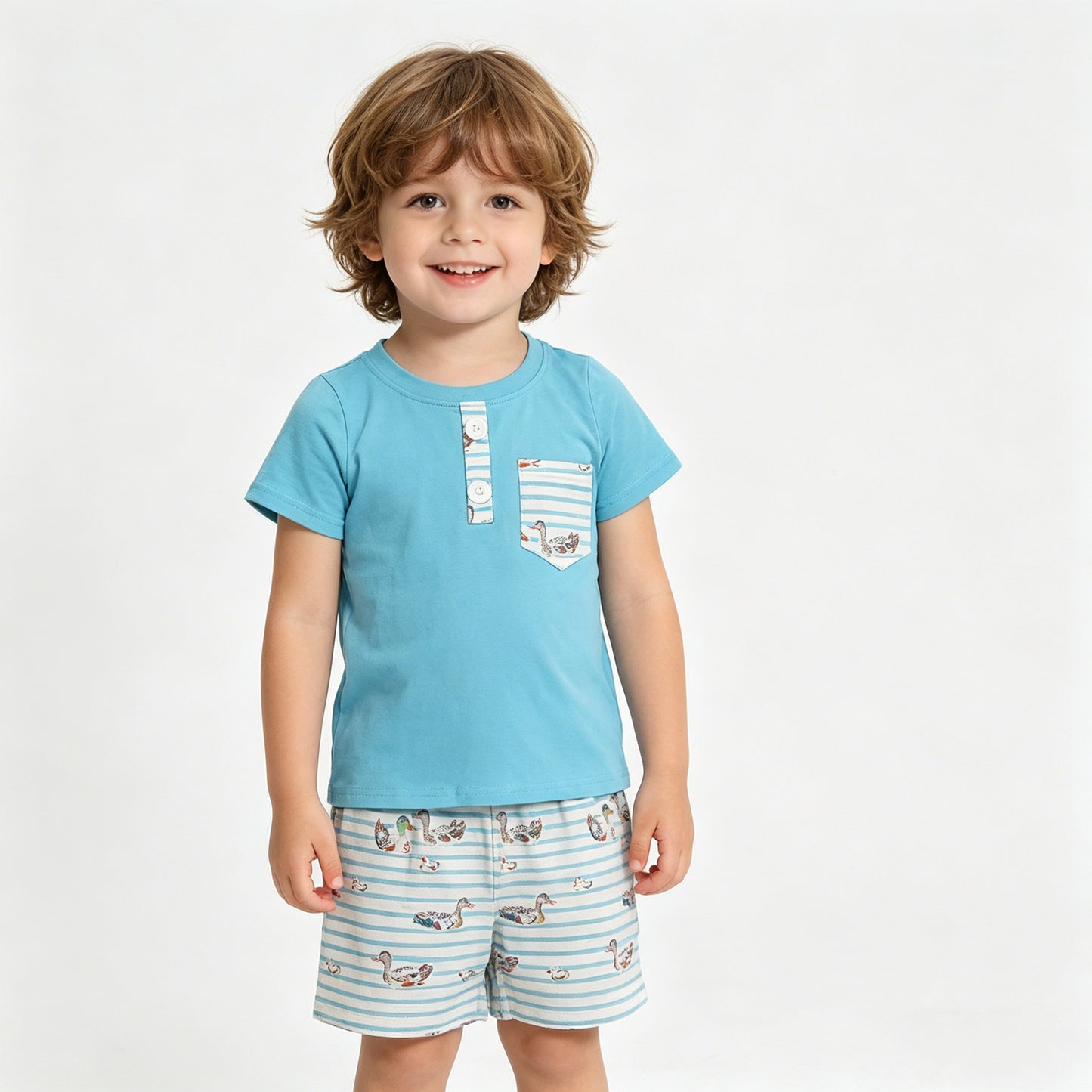 RTS NO MOQ BSSO1802 Baby Boys Blue Hunting Clothes Set with Button Pockets Top And Ducks Stripe Shorts