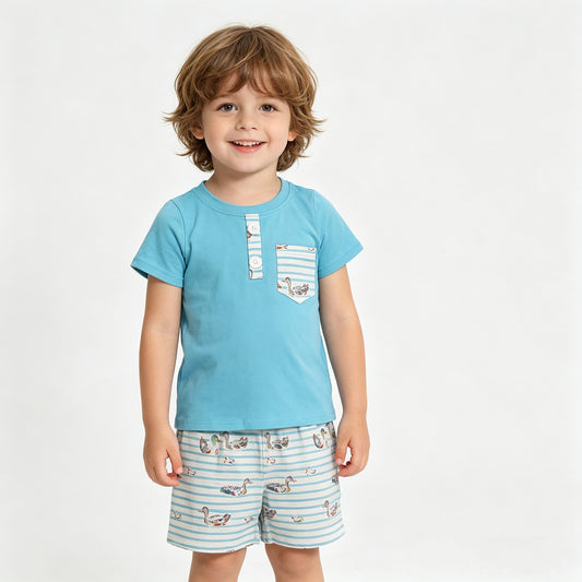 RTS NO MOQ BSSO1802 Baby Boys Blue Hunting Clothes Set with Button Pockets Top And Ducks Stripe Shorts
