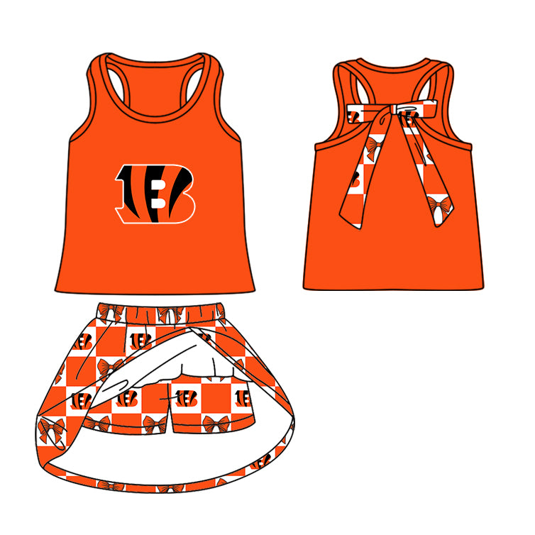 Custom moq 5 mix size milk silk summer teams Baby Girl Orange-Red Sleeveless Top Skirts Set Dress And Shorts Yoga Checked Outfit Boy's Checked Short-Sleeved Polo Shirt And Romper