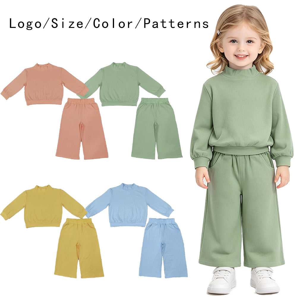 RTS NO MOQ Sibling cotton Baby Girls High Neck Solid Ruffle Mock Neck Long Sleeve Top And Elastic Waist Wide Leg Pants Casual Matching Outfit