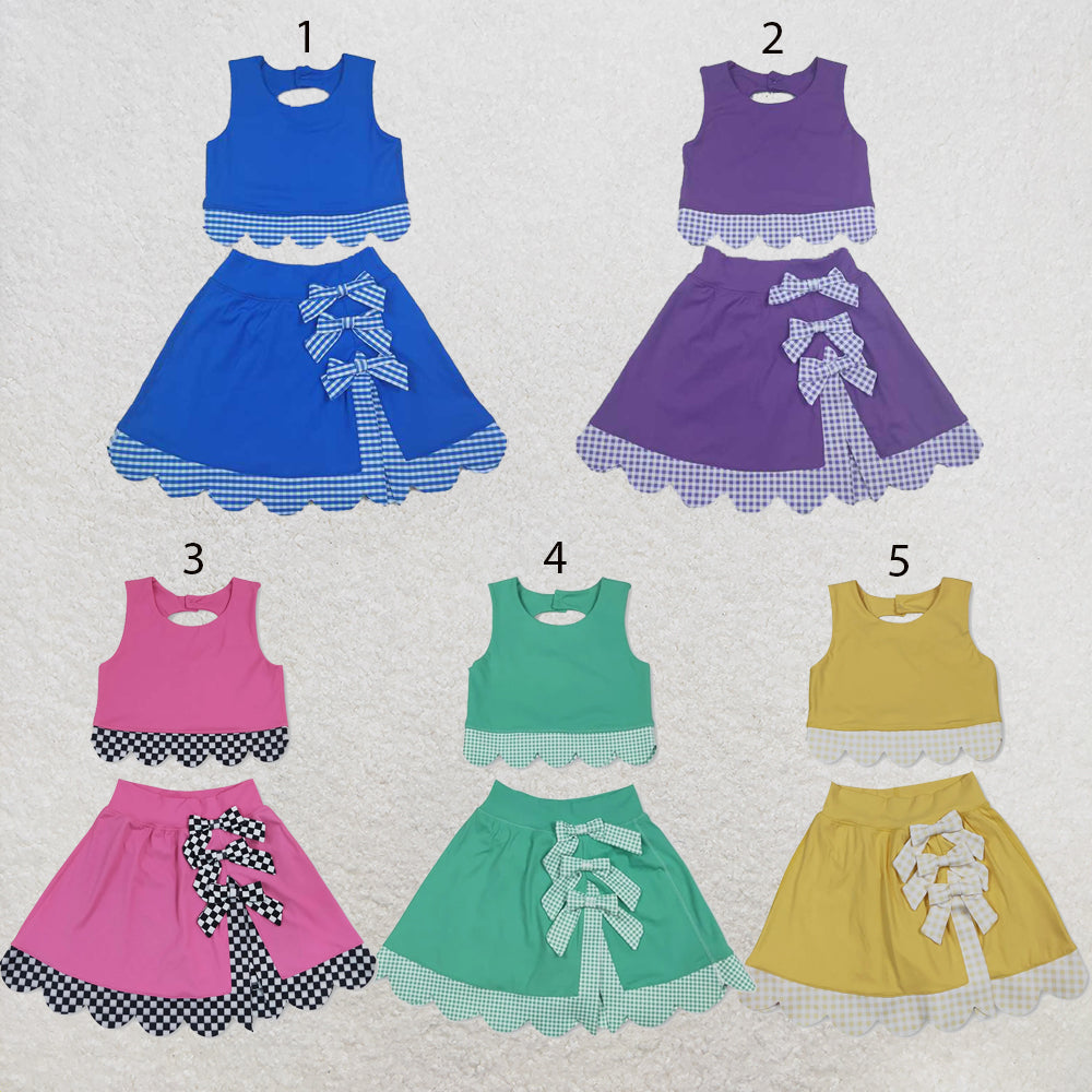 RTS NO MOQ Sibling yoga fabric Baby Girls Vest Top With Bows Matching Scallop Skort Two Piece Yoga Active Clothes Set