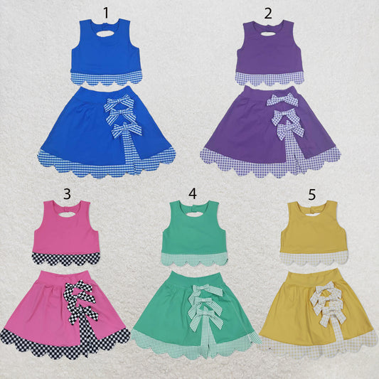 RTS NO MOQ Sibling yoga fabric Baby Girls Vest Top With Bows Matching Scallop Skort Two Piece Yoga Active Clothes Set