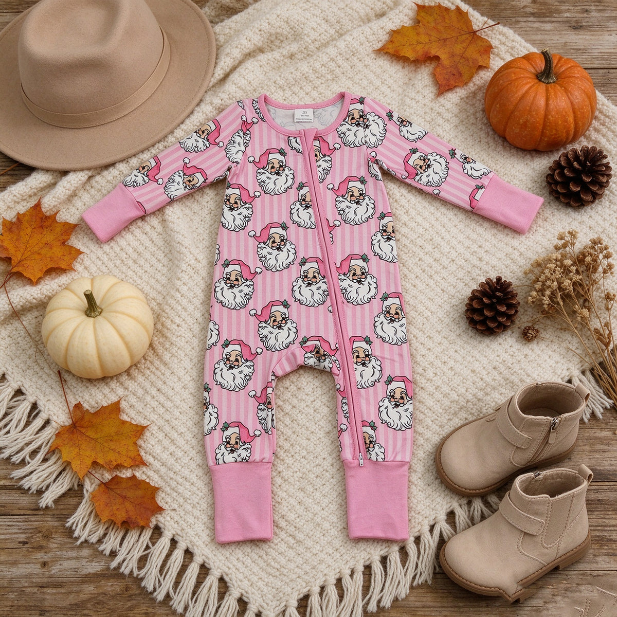 NEW RTS NO MOQ milk silk LR3125 Baby Girls Pink Stripe Santa Christmas Two Way Zip Convertible Long Sleeve Holiday Rompers
