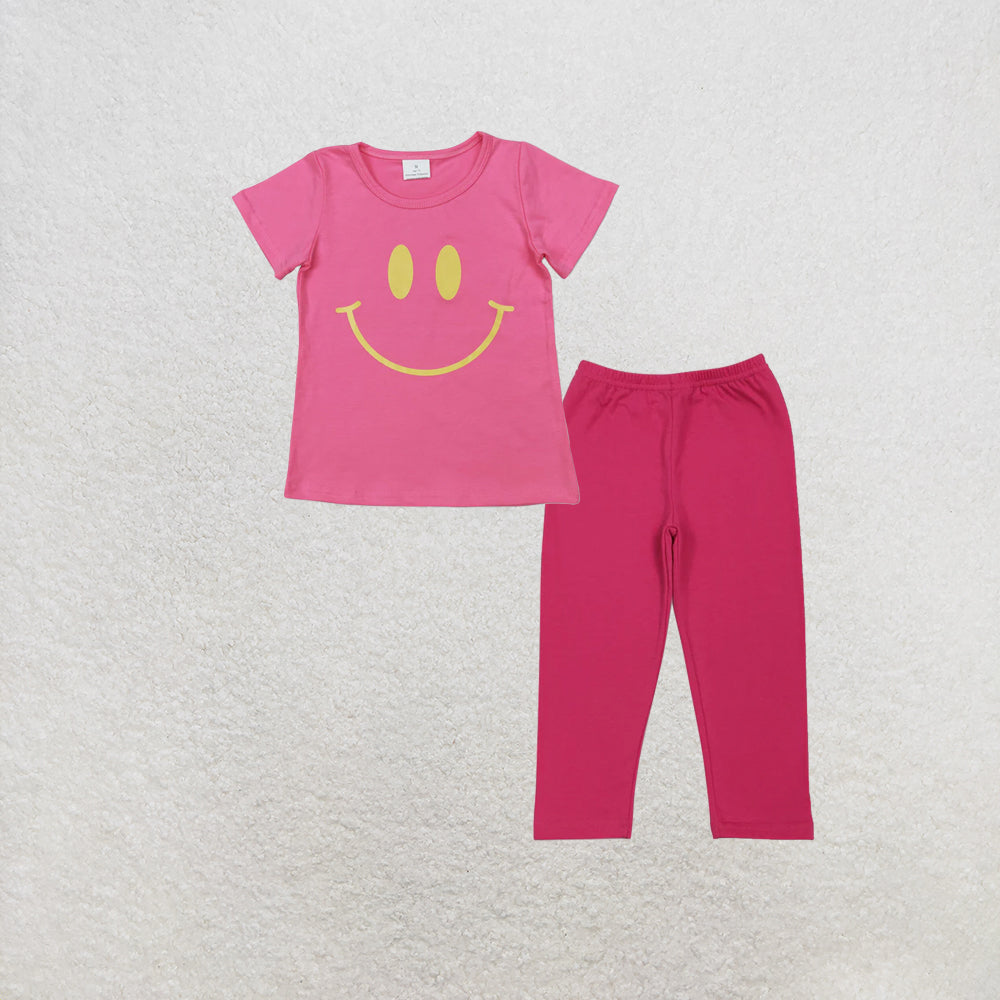 RTS NO MOQ milk silk GT0959+P0958 Baby Girls Pink Short Sleeves Smile Shirts Tops Legging Pants Bottom Set