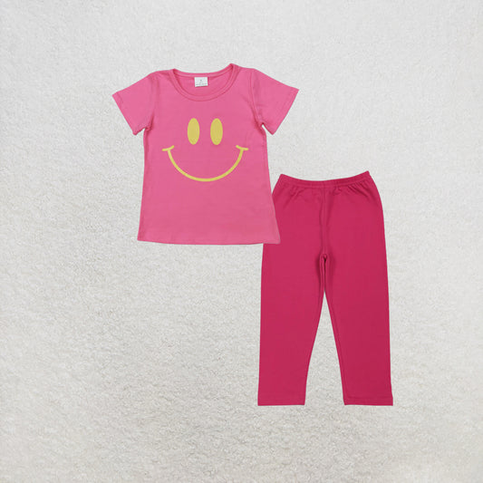 RTS NO MOQ milk silk GT0959+P0958 Baby Girls Pink Short Sleeves Smile Shirts Tops Legging Pants Bottom Set
