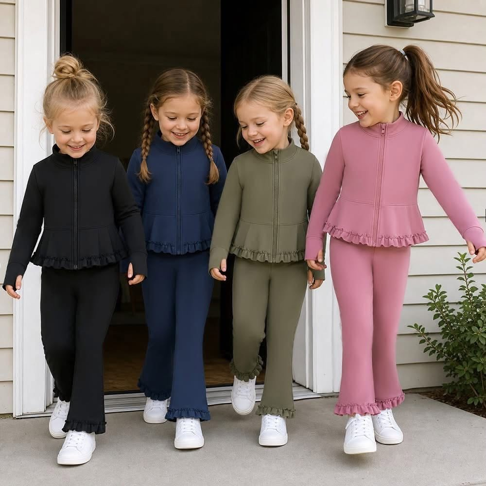 (Preorder new) No moq Yoga Baby Girls Solid Color Full Zip Long Sleeve Top Pants Yoga Active Outfit Set