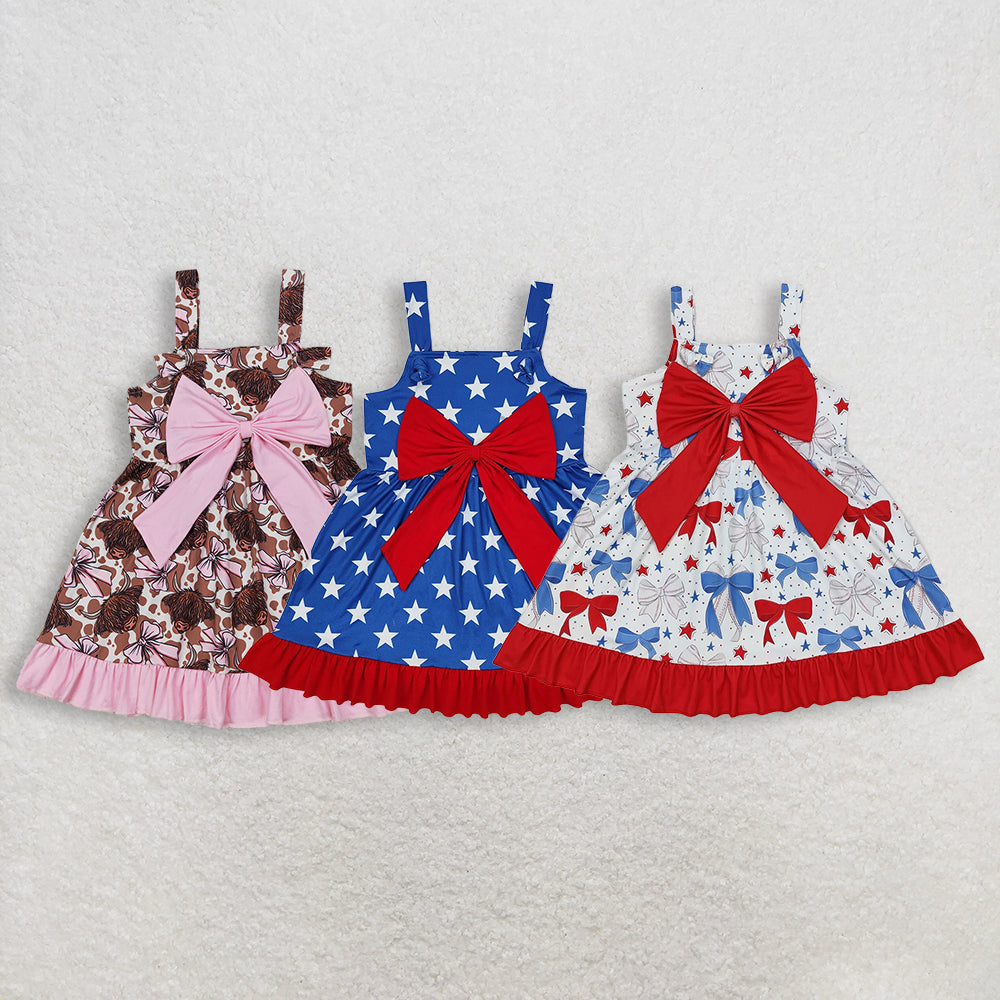 RTS NO MOQ Sibling Baby Girls 4th of July Ruffle Knee-Length Dress with Strap Bows Print
