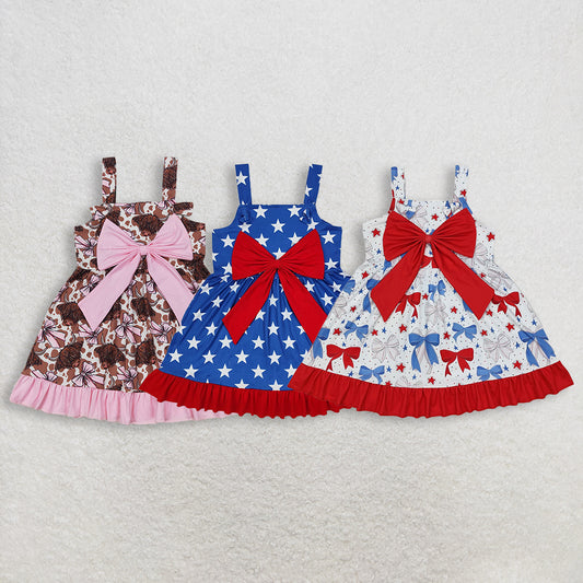 RTS NO MOQ Sibling Baby Girls 4th of July Ruffle Knee-Length Dress with Strap Bows Print