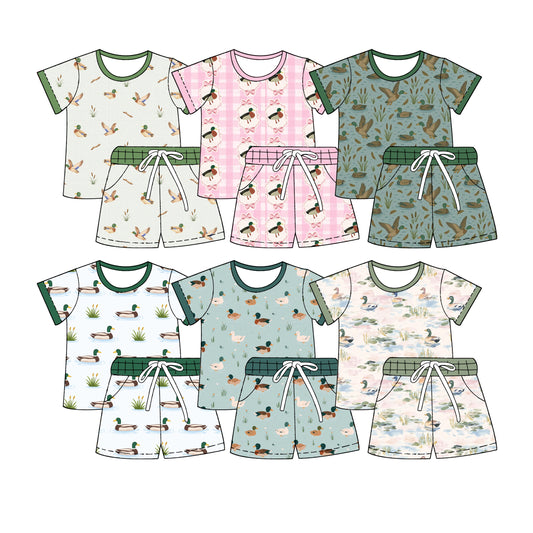 3.6 Custom moq 5 mix size Sibling Kids' Duck Print Short-Sleeved Top And Drawstring Shorts Set Summer Outfit