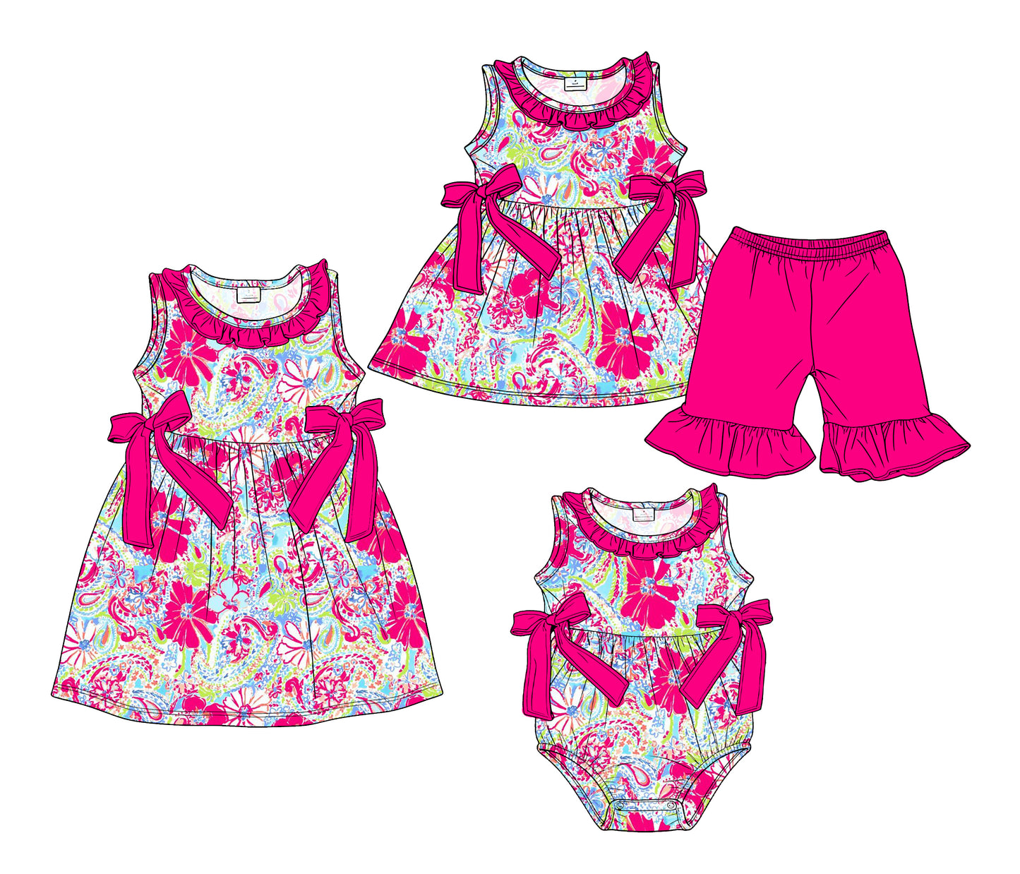 3.19 Custom moq 5 mix size Sibling Baby Girl's Pink Sleeveless Tunic Ruffle Shorts Set Cute Romper Dress for Summer